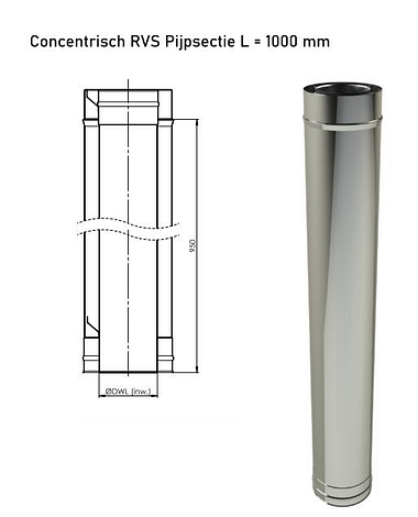 Concentrisch RVS Ø 100/150 mm Pijpsectie L = 1000 mm